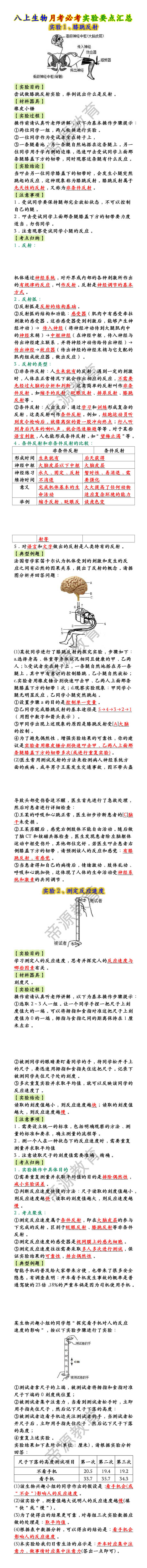 八上生物月考必考实验要点汇总