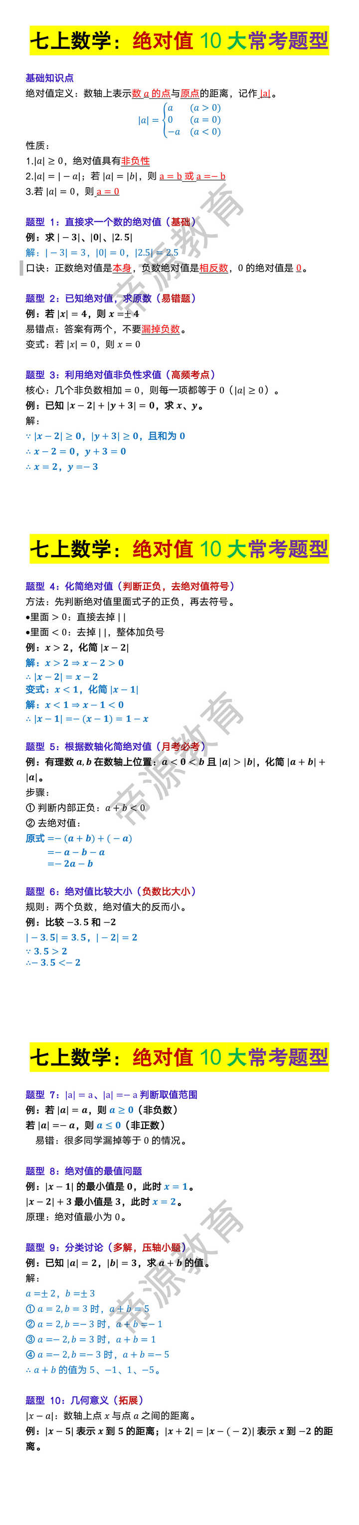 七年级上册数学绝对值10大常考题型
