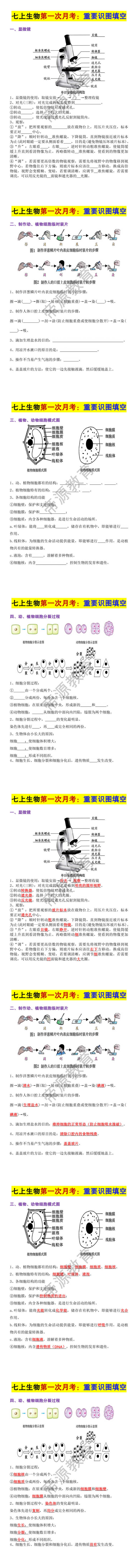 七年级上册生物第一次月考重要识图填空