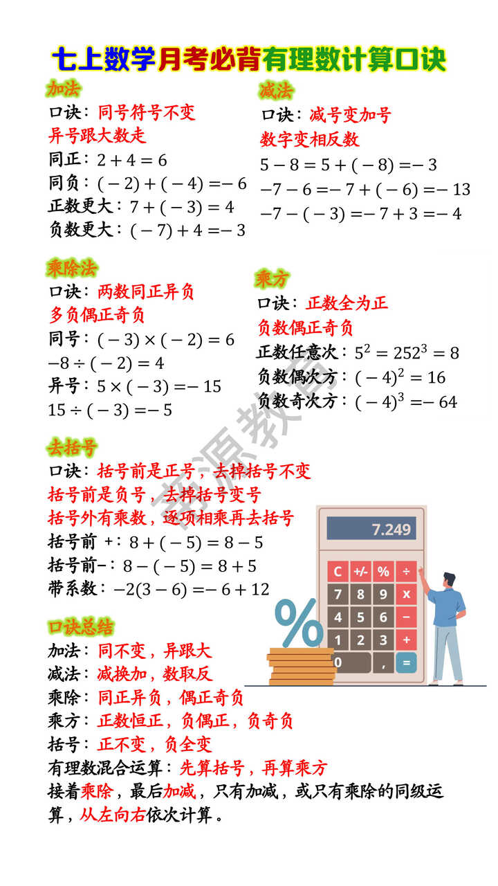 七上数学月考必背有理数计算口诀
