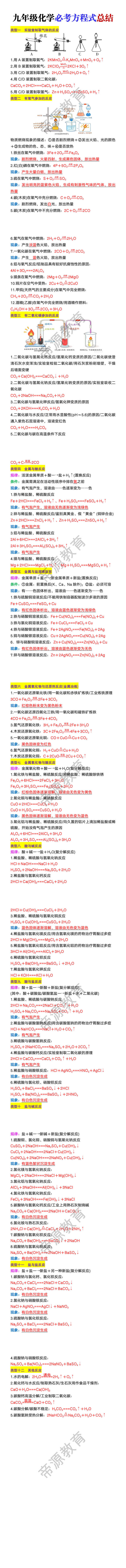 九年级化学必考方程式总结 九年级化学必考方程式总结