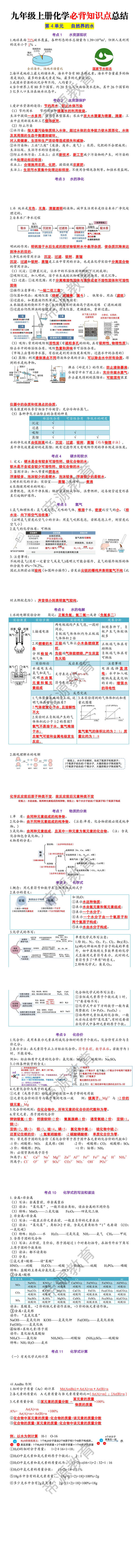 九年级上册化学第4单元《自然界的水》必背知识点总结