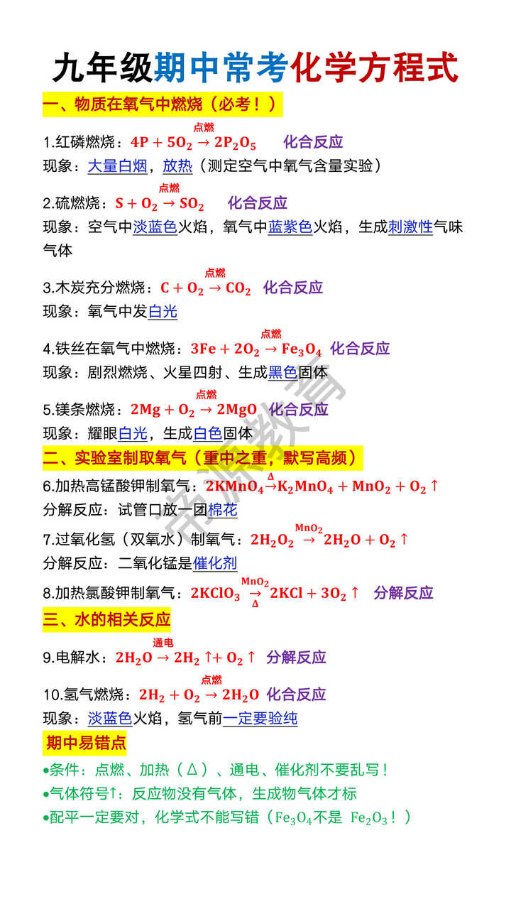 九年级期中常考化学方程式