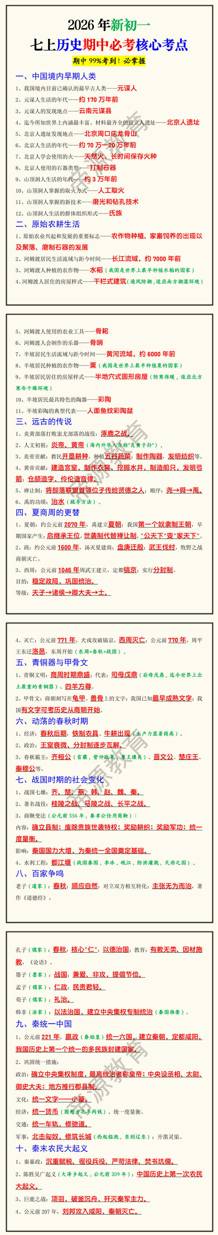 2026年新初一七上历史期中必考核心考点 2026年新初一七上历史期中必考核心考点