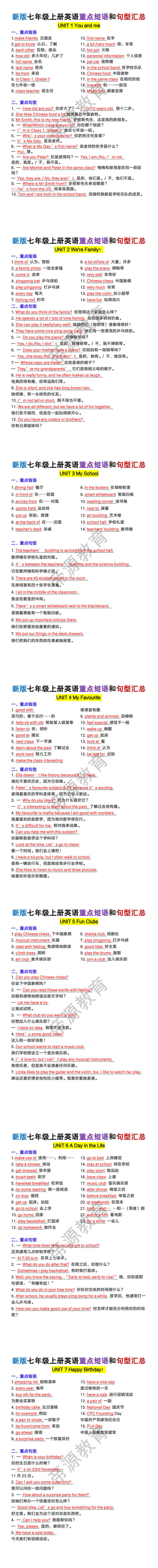 新版七年级上册英语重点短语和句型汇总