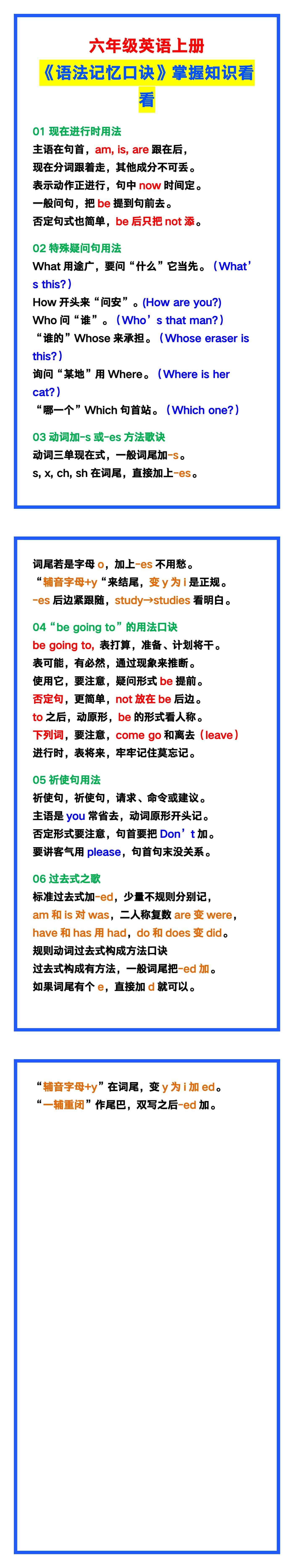 六年级英语上册 语法记忆口诀 掌握知识看一看 六年级英语上册资料