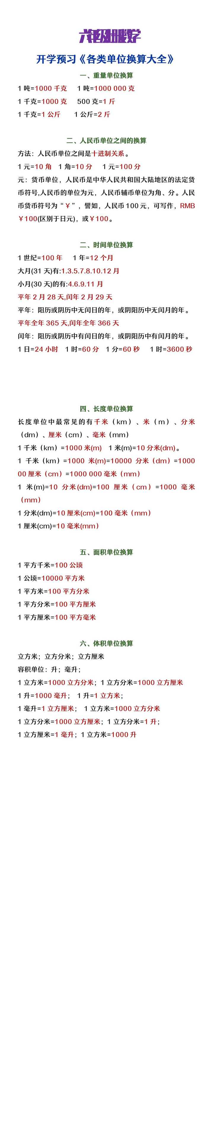 六年级上册数学开学预习《各类单位换算大全》