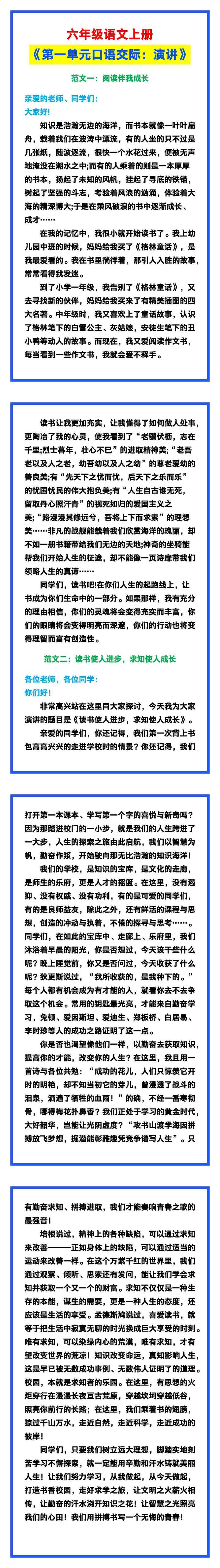 六年级语文上册《第一单元口语交际：演讲》交际范例！