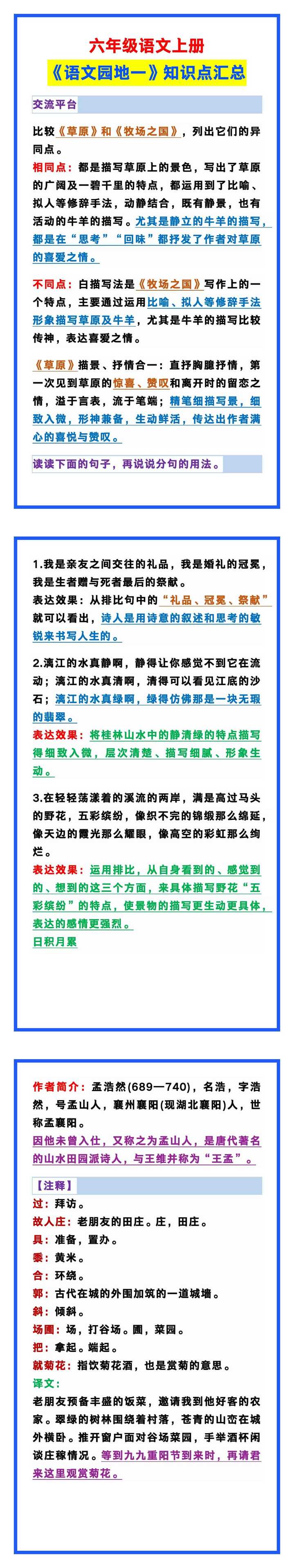 六年级语文上册《语文园地一》知识点，孩子学习看一看！