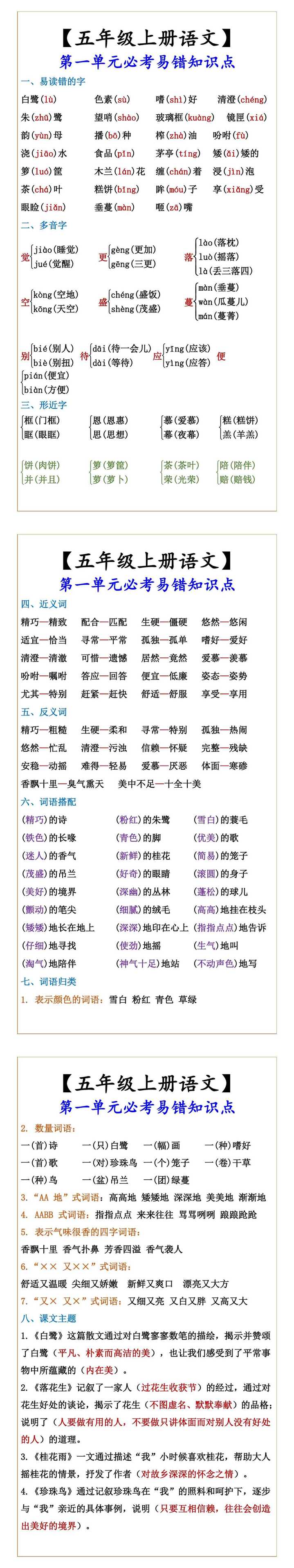 【五年级上册语文】 第一单元必考易错知识点