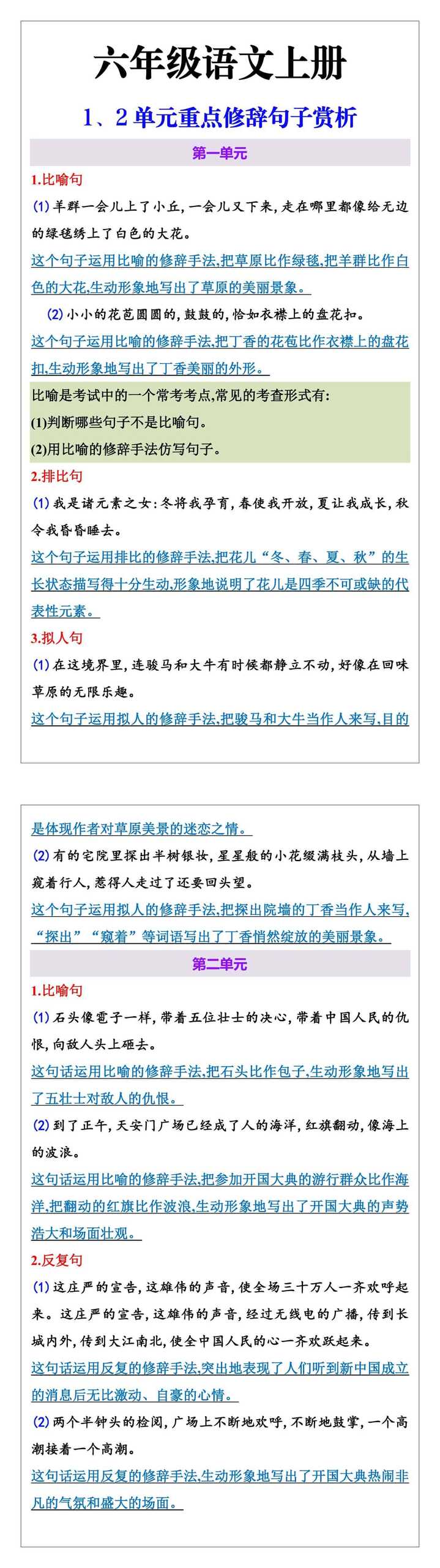 六年级上册语文一、二单元重点修辞句子赏析