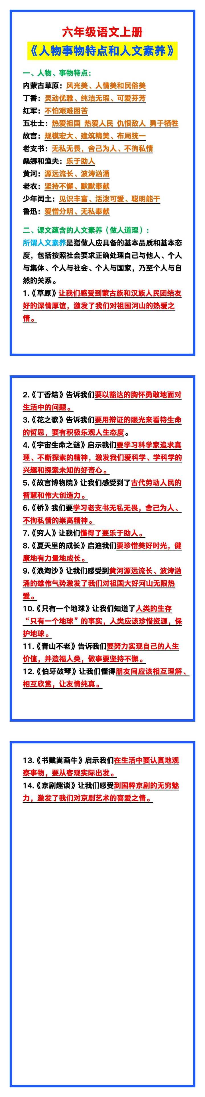 六年级语文上册《人物事物特点和人文素养》，收藏学习！