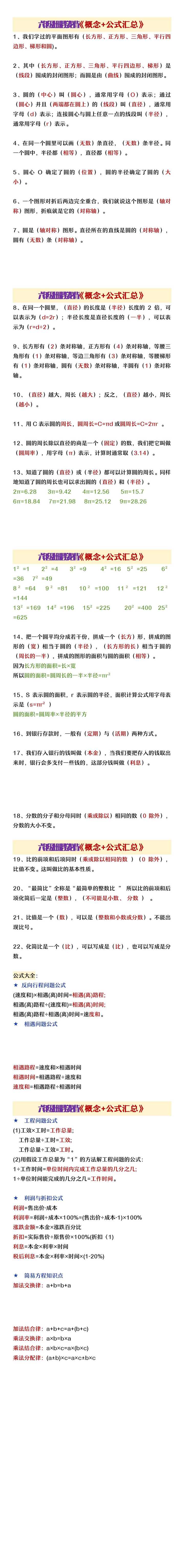 六年级上册数学必背《概念+公式汇总》
