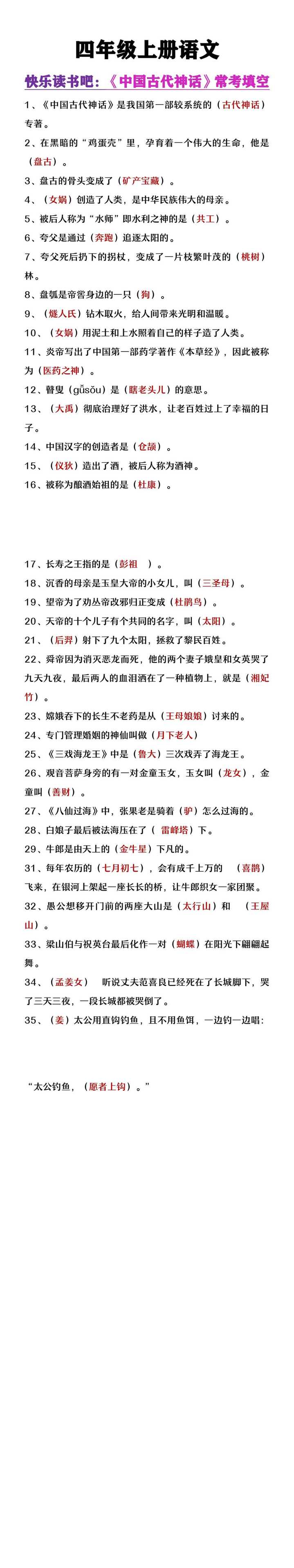 四年级上册语文快乐读书吧《中国神话故事》常考题