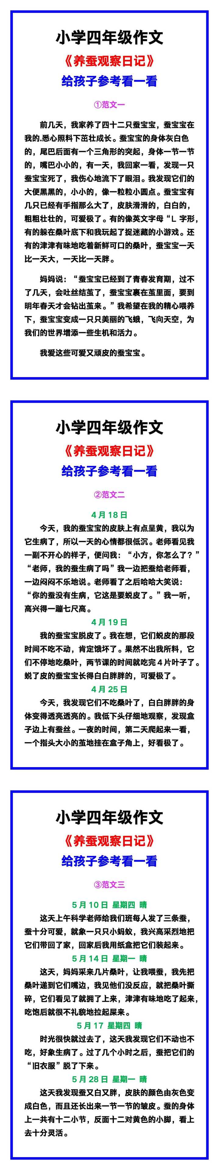 小学四年级作文《养蚕观察日记》范文素材，给孩子参考！
