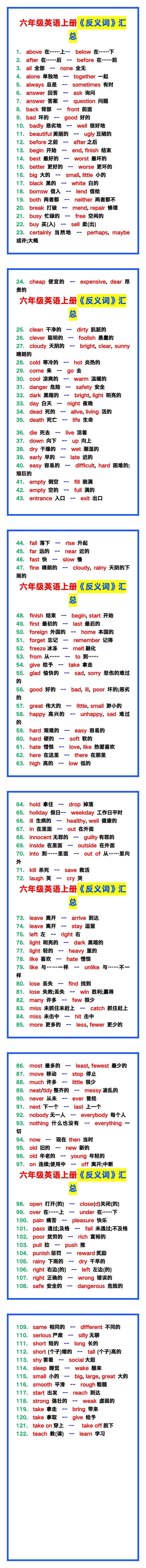 六年级英语上册《反义词》大汇总，果断收藏！