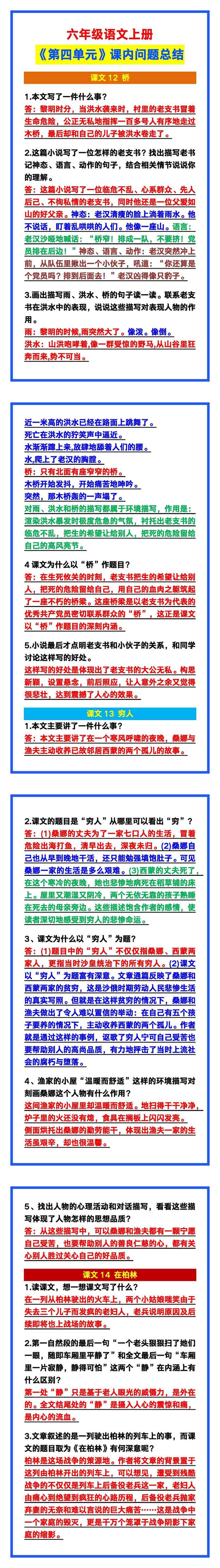 六年级语文上册《第四单元》课内问题总结，预习收藏！
