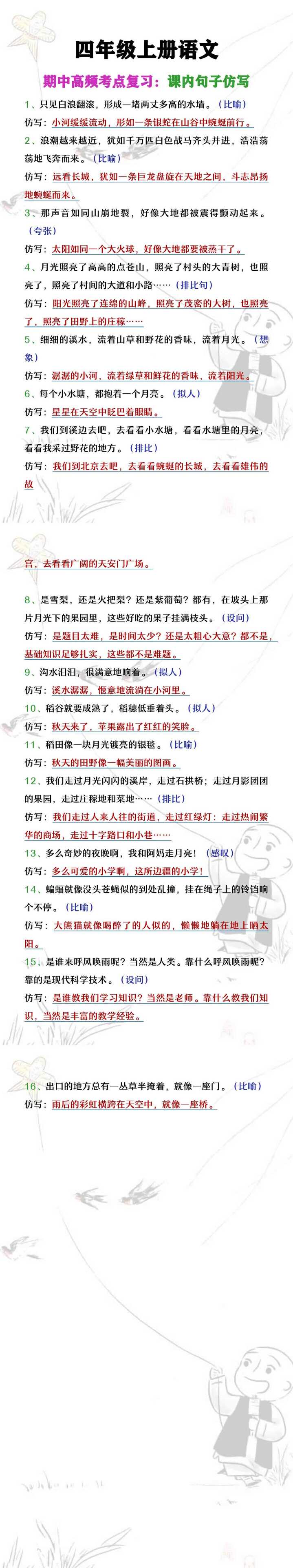 四年级上册语文期中高频考点复习《课内句子仿写》
