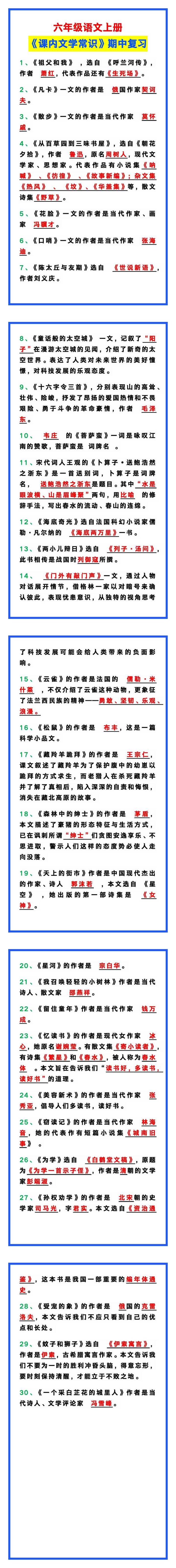 六年级语文上册《课内文学常识》汇总，期中复习必备！