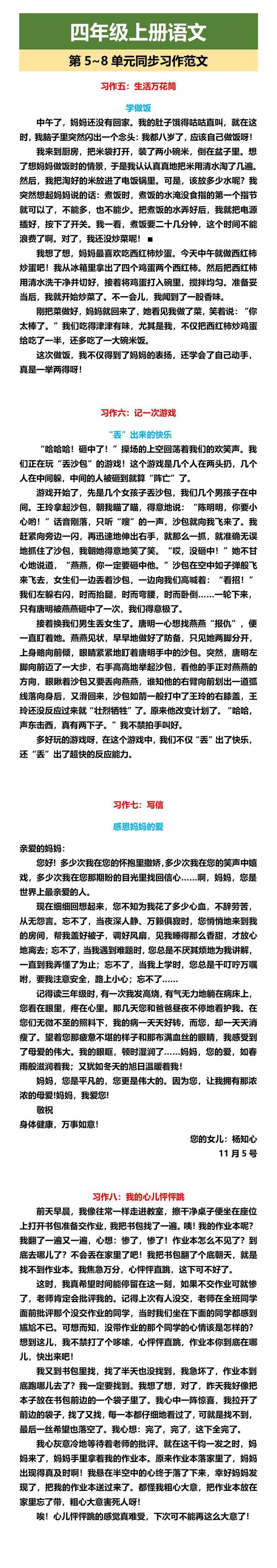 四年级上册语文 第5~8单元同步习作范文