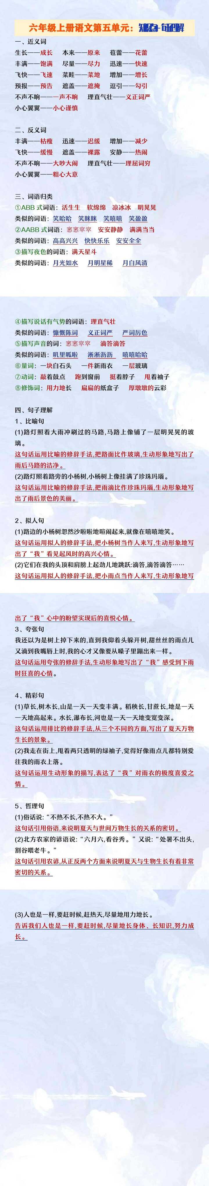 六年级上册语文第五单元知识点及句子理解