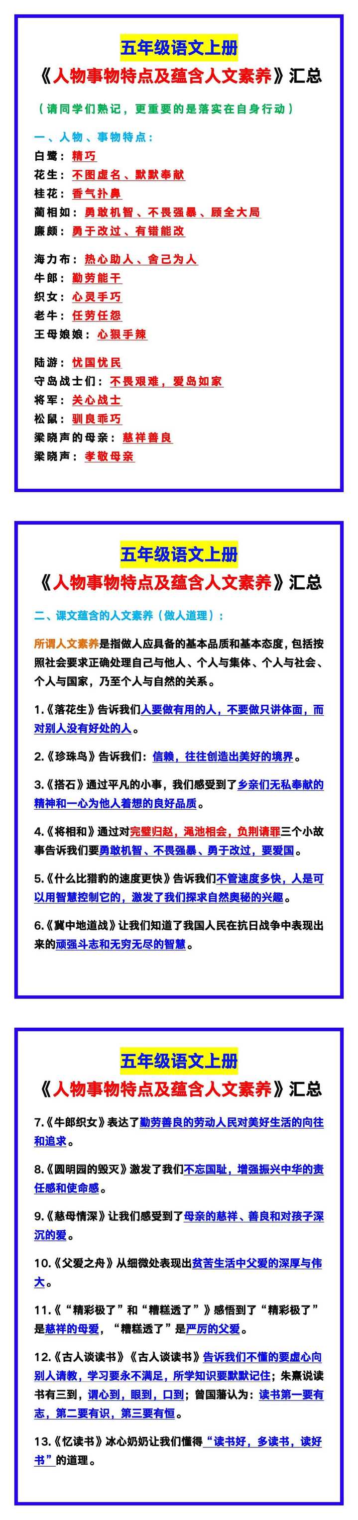 五年级语文上册《人物事物特点及蕴含人文素养》汇总！