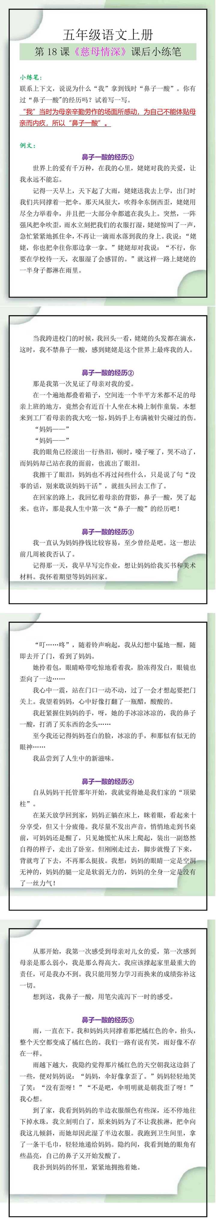 五年级语文上册第18课《慈母情深》课后小练笔
