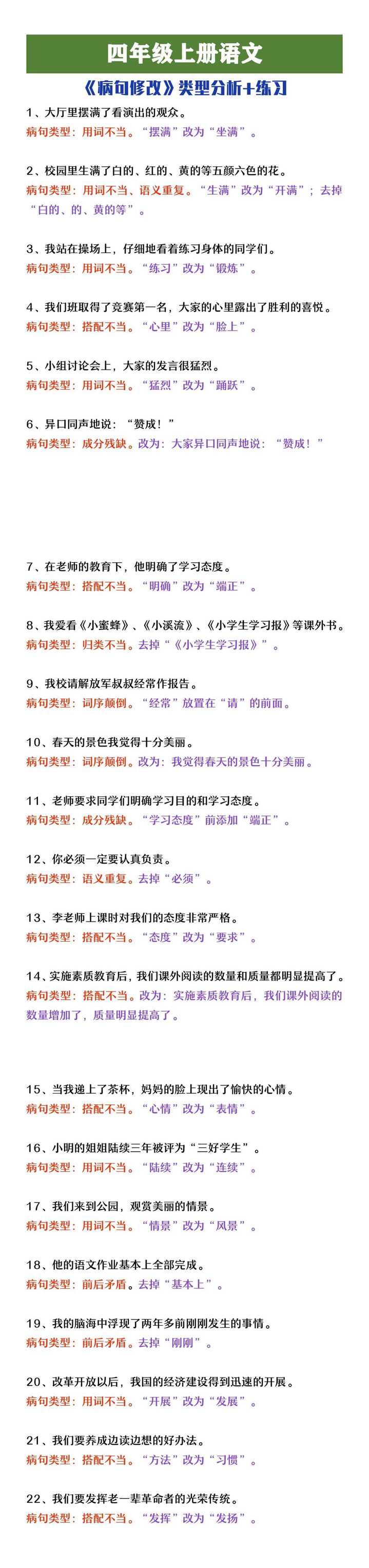 四年级上册语文病句修改类型分析及练习