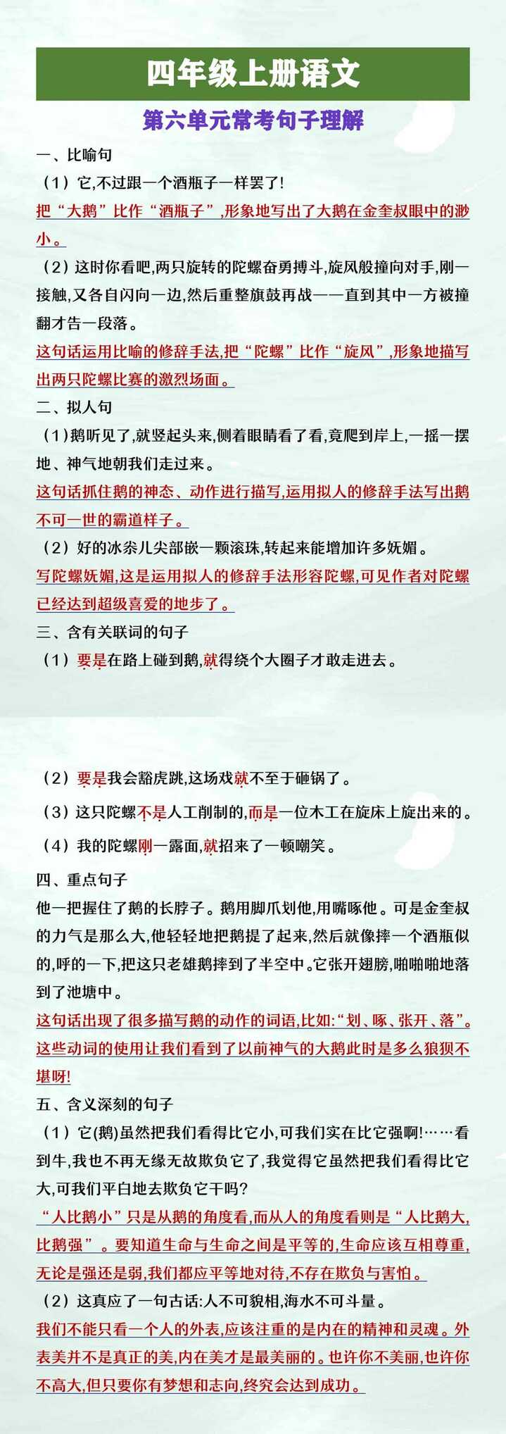四年级上册语文第六单元重点句子理解