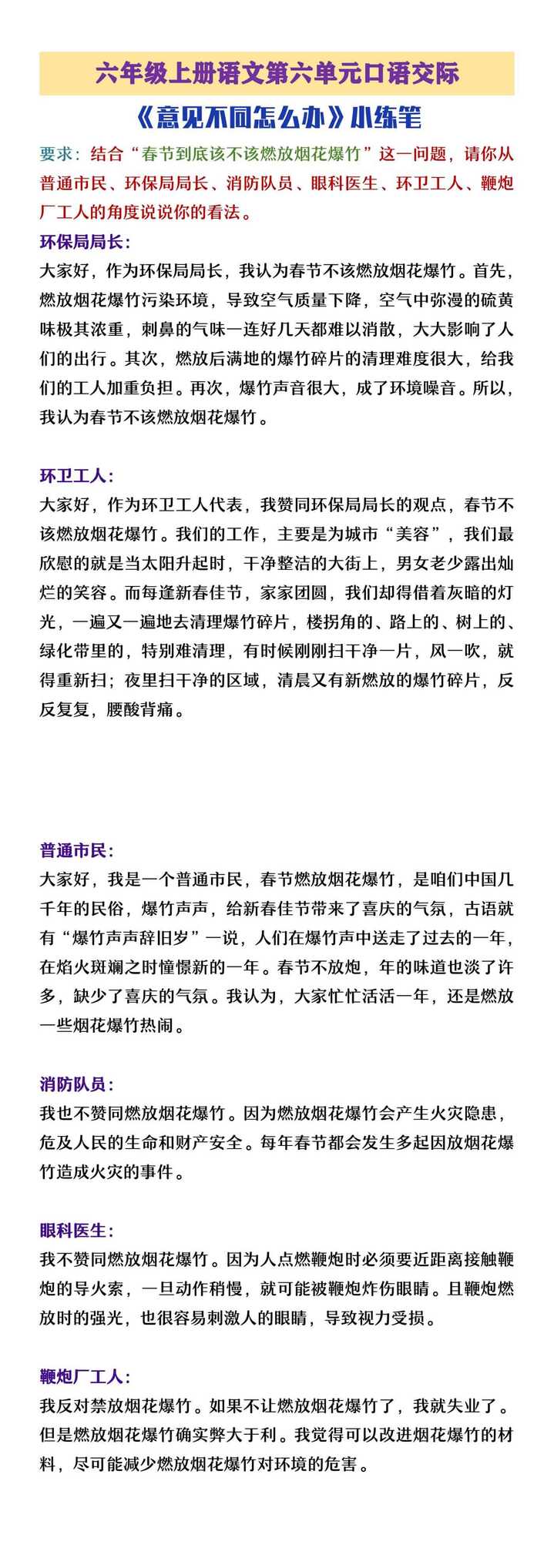 六年级上册语文第六单元口语交际《意见不同怎么办》交际范例