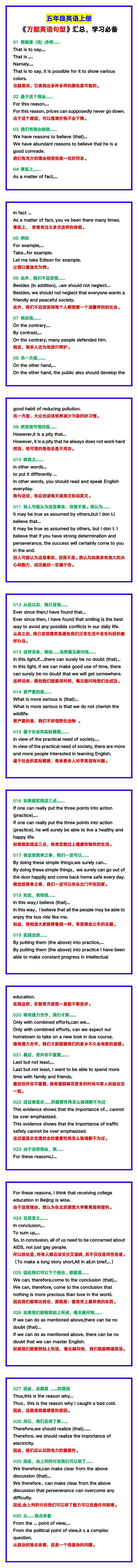 五年级英语上册《万能英语句型》汇总，学习必备！