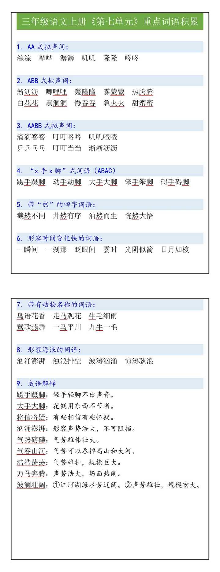 三年级语文上册《第七单元》重点词语积累