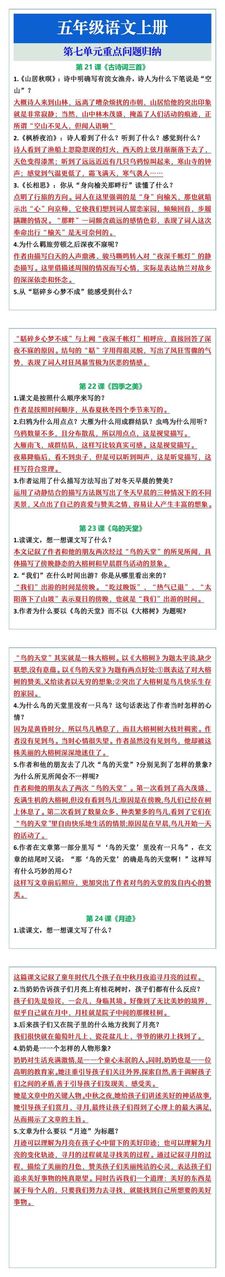 五年级语文上册第七单元重点问题归纳