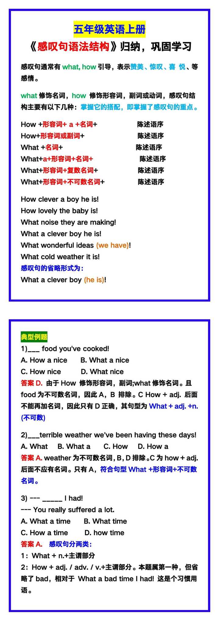 五年级英语上册《感叹句语法结构》归纳，巩固学习！