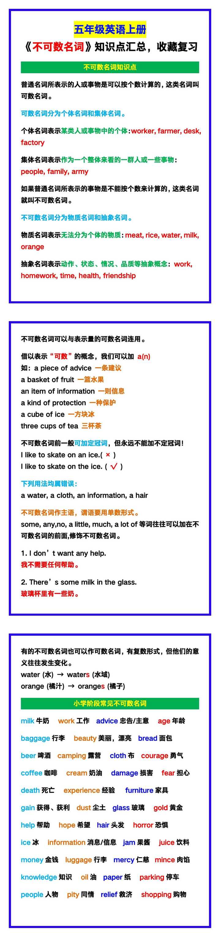 五年级英语上册《不可数名词》知识点汇总！