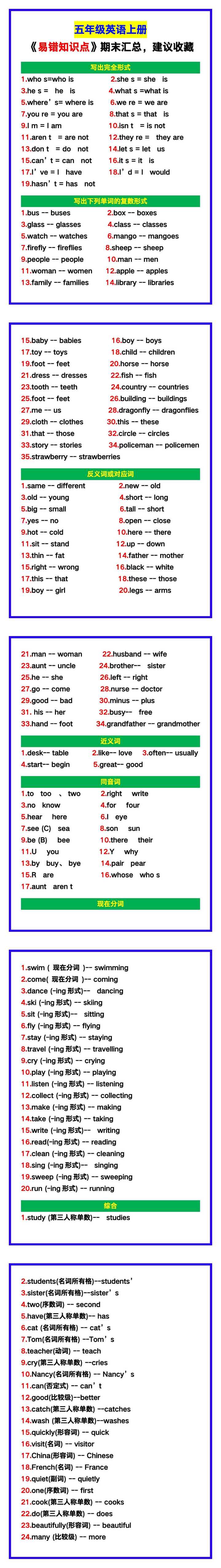 五年级英语上册《易错知识点》汇总，建议收藏！