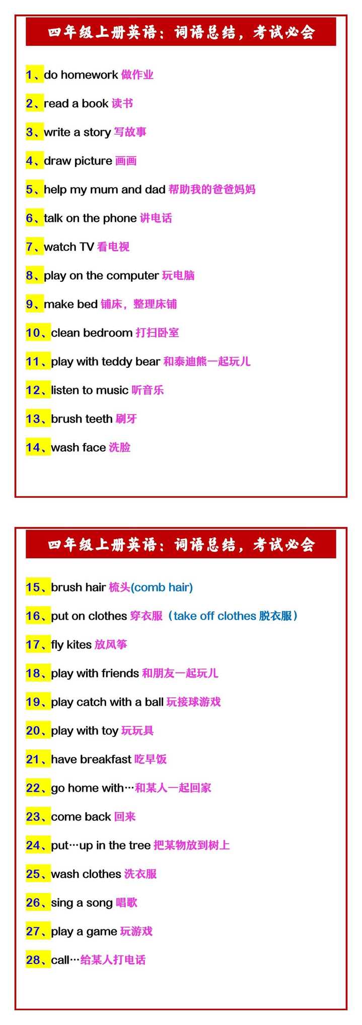 四年级上册英语：词语总结，考试必会