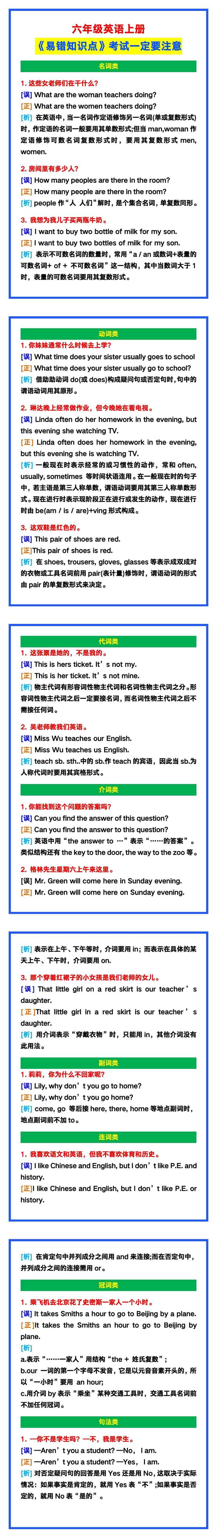 六年级英语上册《易错知识点》，考试一定要注意！