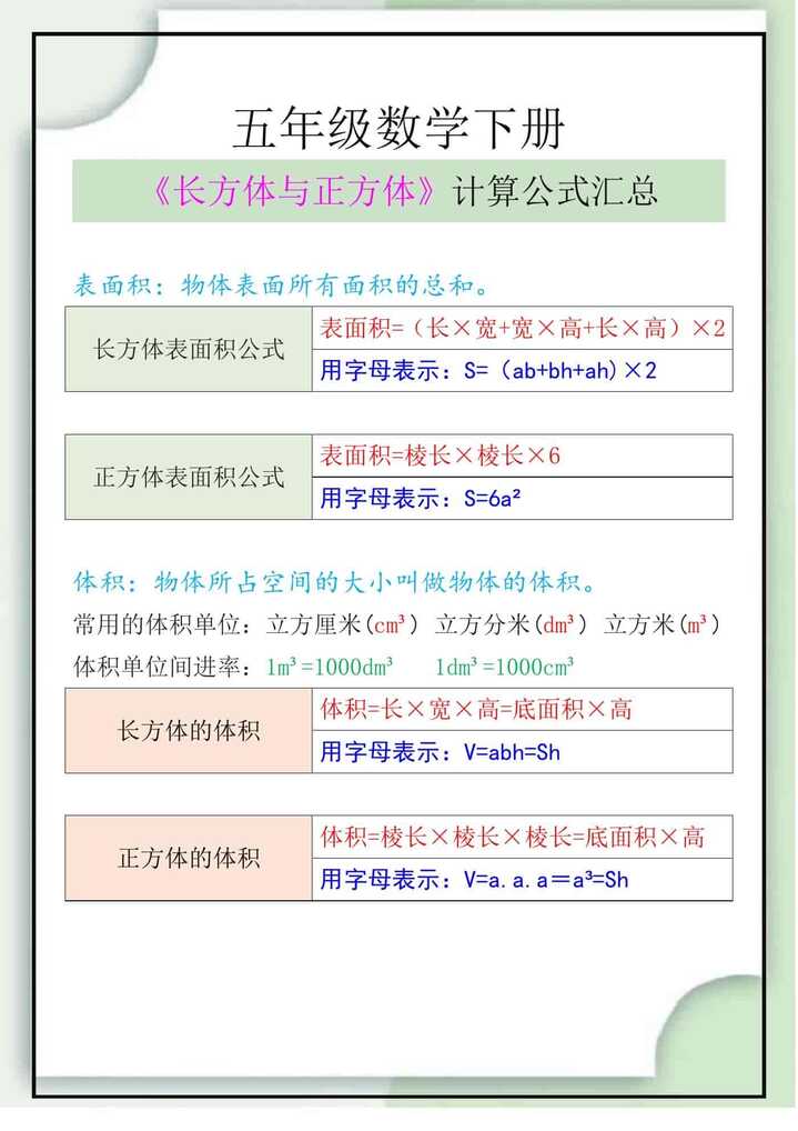 五年级数学下册《长方体与正方体》计算公式汇总
