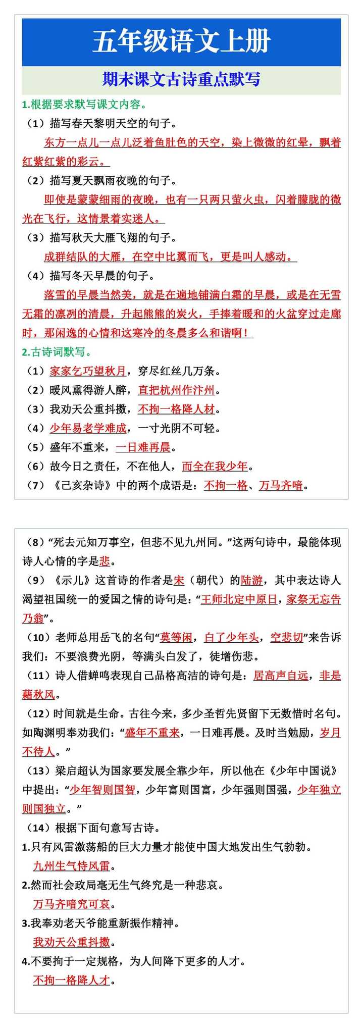 五年级语文上册期末课文古诗重点默写，