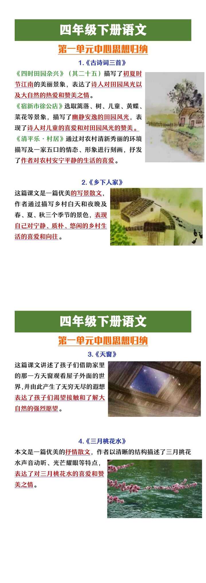 四年级下册语文第一单元中心思想归纳