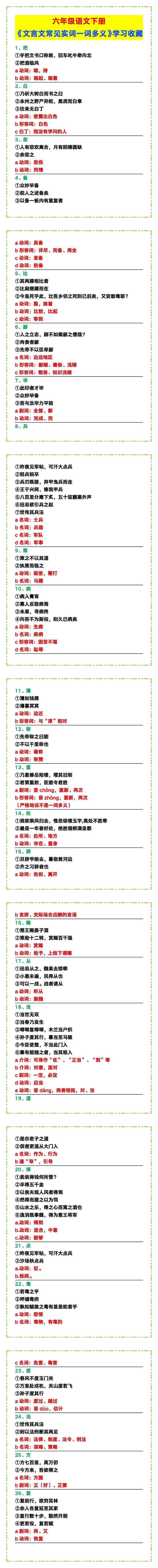 六年级语文下册《文言文常见实词一词多义》，学习收藏！