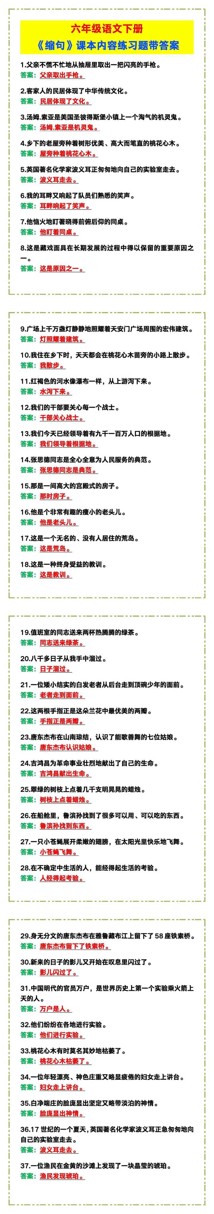 六年级语文下册《缩句》课本练习题带答案，学习掌握！