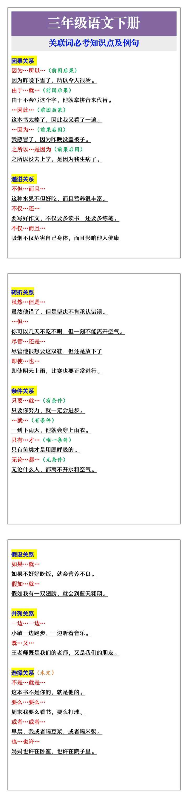 三年级下册语文关联词必考知识点