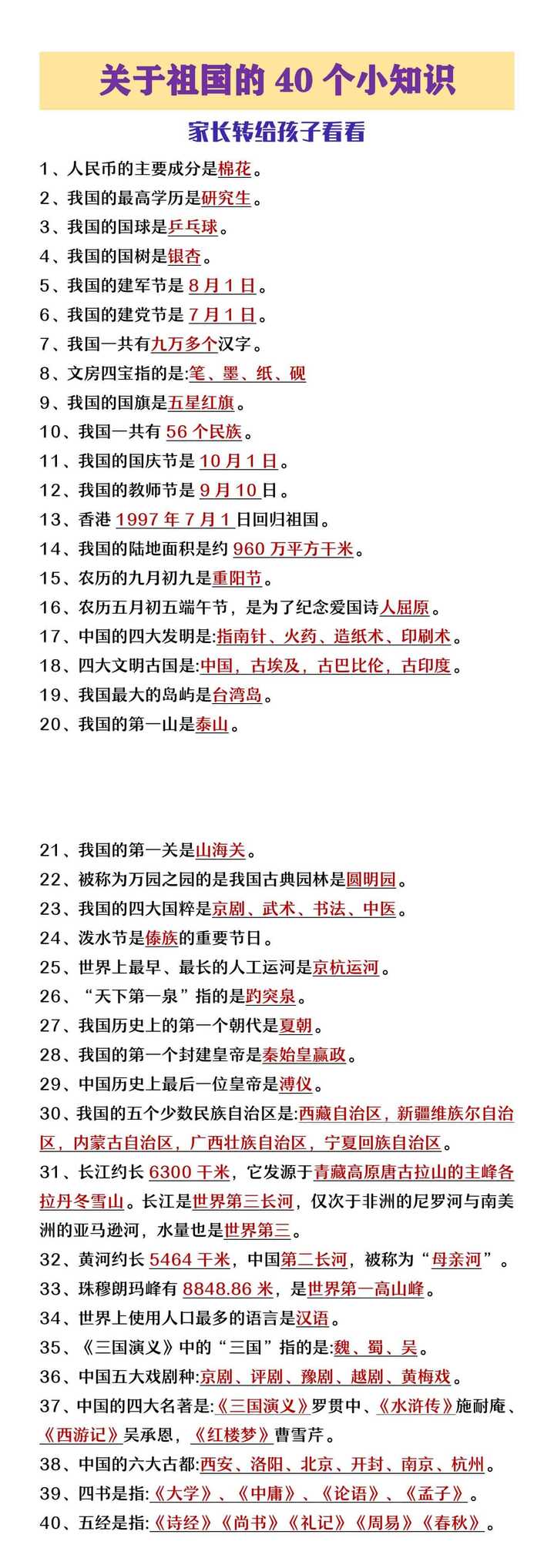 关于祖国的40个小知识，转给孩子看看