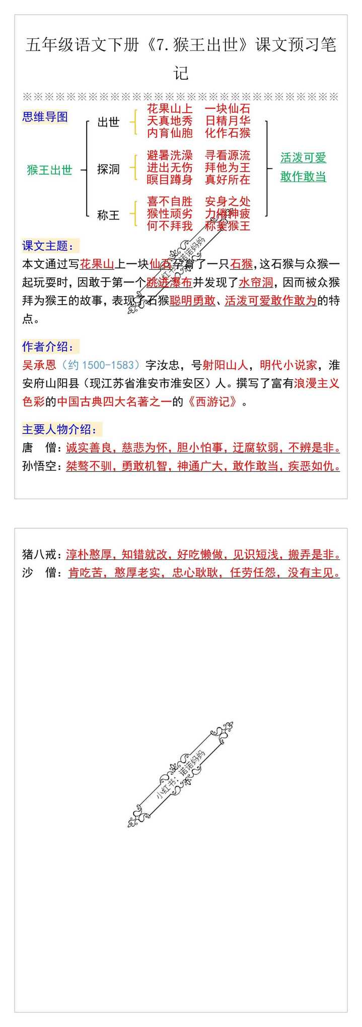 五年级语文下册《7.猴王出世》课文预习笔记