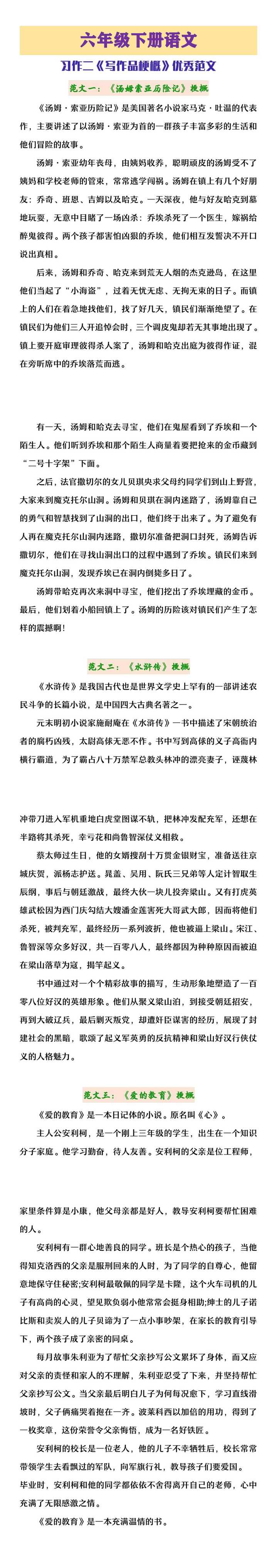六年级下册语文习作二《写作品梗概》优秀范文