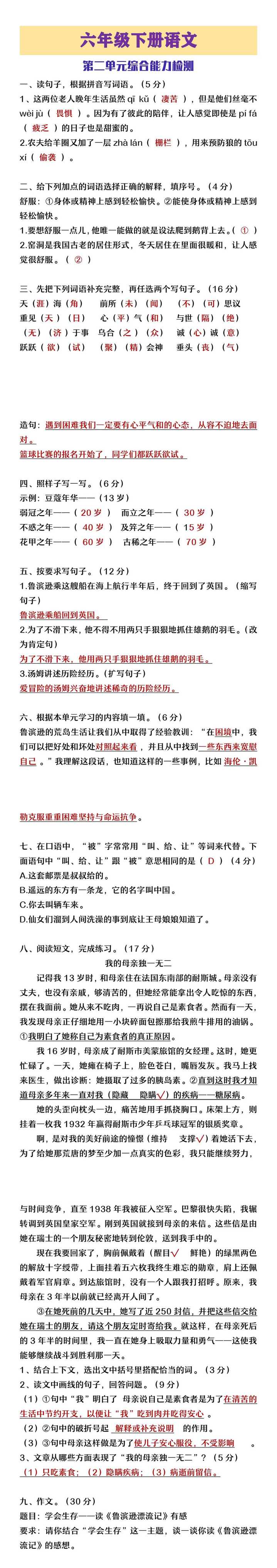 六年级下册语文第二单元综合能力检测