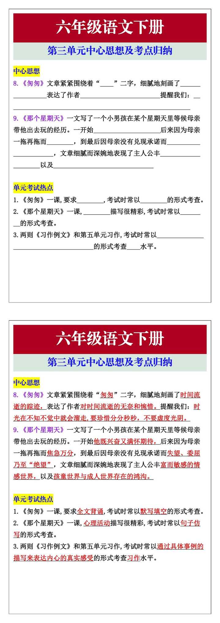 六年级语文下册第三单元中心思想及考点归纳