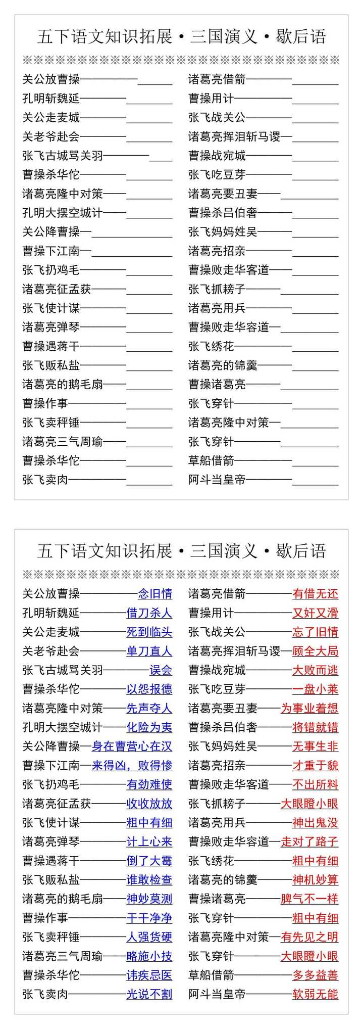 五下语文知识拓展·三国演义·歇后语